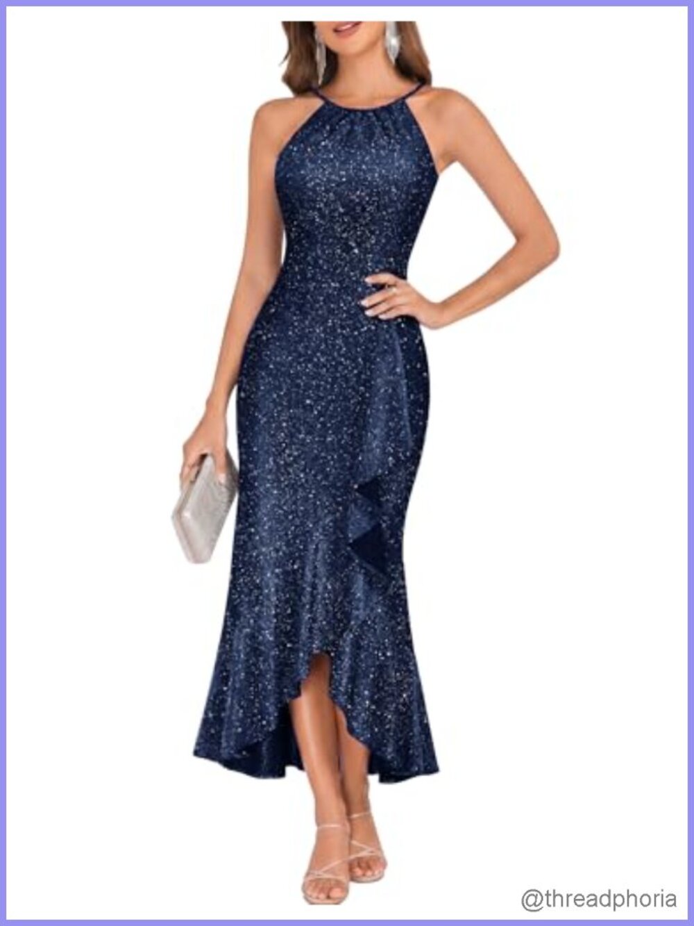 Sequin Formal Cocktail Halter Ruffle Long Dress Wedding Guest Gown